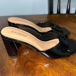 Women’s “BAMBOO” black Heels - Size 8 Open Toe Patent Leather Slip On